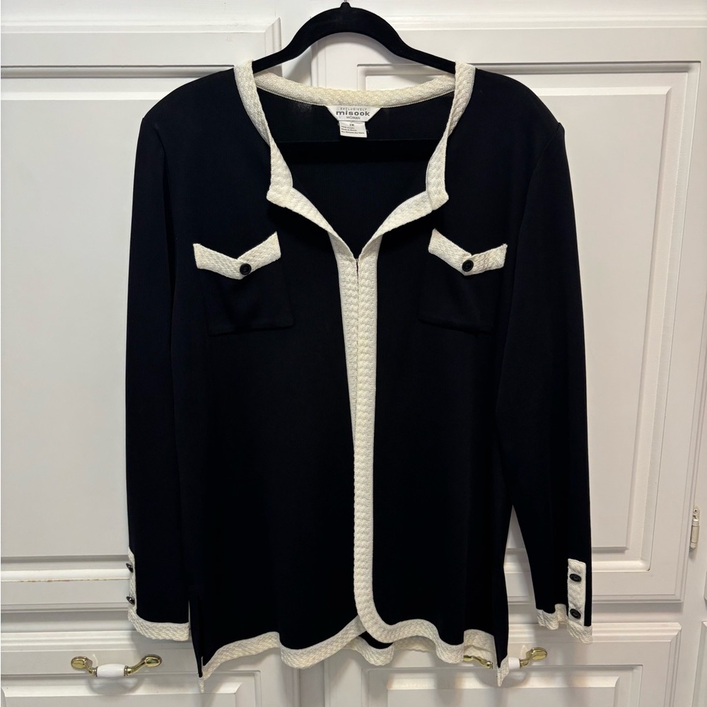 Exclusively Misook Open Cardigan Front Pockets Black With White Trim Size 1X